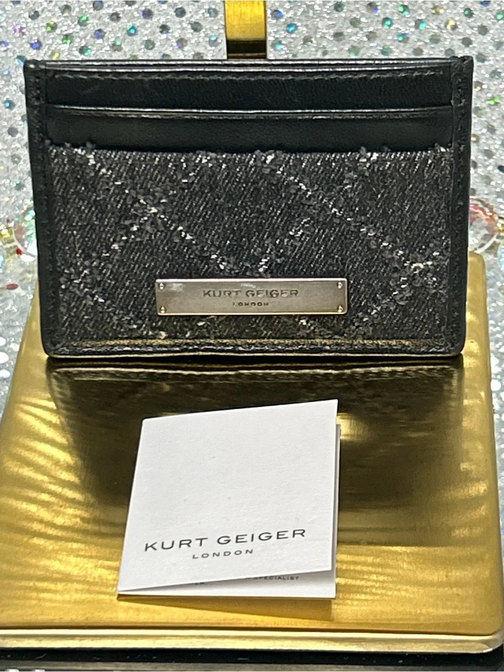 Kurt Geiger Black Quilted Card Case with Metal Logo Plaque Approximately 5 x 4